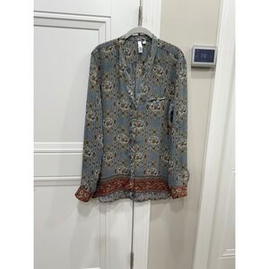 KUT From The Kloth Womens XL  Floral Print V Neck Button Up Long Sleeve Shirt‎